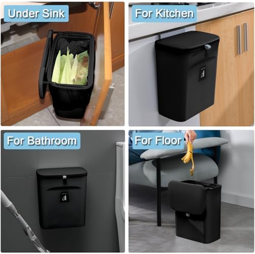 Tiyafuro 2.4 Gallon Kitchen Compost Bin for Counter Top or Under Sink, Hanging Small Trash Can with Lid for Cupboard/Bathroom/Bedroom/Office/Camping, Mountable Indoor Compost Bucket, Black - Image 6