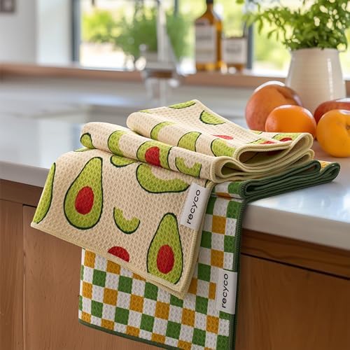 RECYCO Waffle Kitchen Towel Set of 2 - Quick Dry Microfiber Sustainable Dish Towels - Ultra Absorbent Reusable Cleaning Tea Towels - Lightweight Hand Towels,16”x 28”, Avocado Vibes by RECYCOHOMECOLLECTION