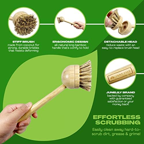 JuneLily Long Coconut Dish Brush Plant-Based Vegan for Kitchen Bathroom Cleaning Produce Washing Dishes (Long Dish Brush & Coconut Brush Head) - Image 4