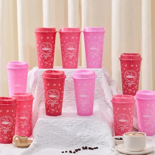 12 Sets Reusable Coffee Cups with Lids, 16oz, Pink Series - Image 4