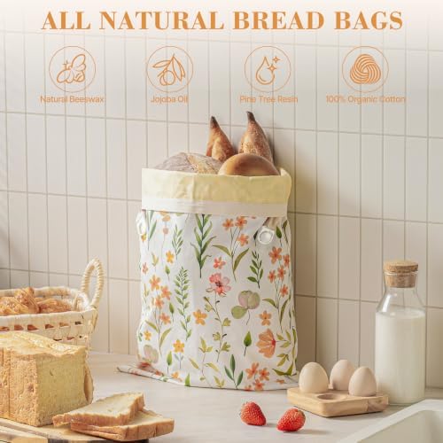 Bread Bags for Homemade Bread, Reusable Beeswax Bread Bag, 2 Pack Beeswax Bread Bags for Sourdough, Natural Cotton Beeswax Bags, Large Capacity - Image 3