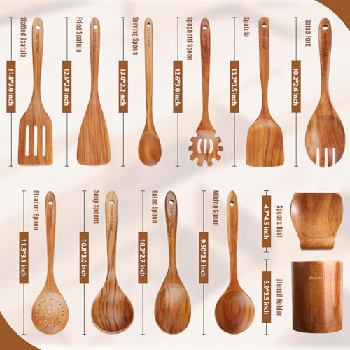 Mooues 12 Piece Wooden Spoons for Cooking, Wooden Utensils for Cooking with Utensils Holder, Natural Teak Wooden Kitchen Utensils Set with Wooden Spoon Rest, Comfort Grip - Image 2