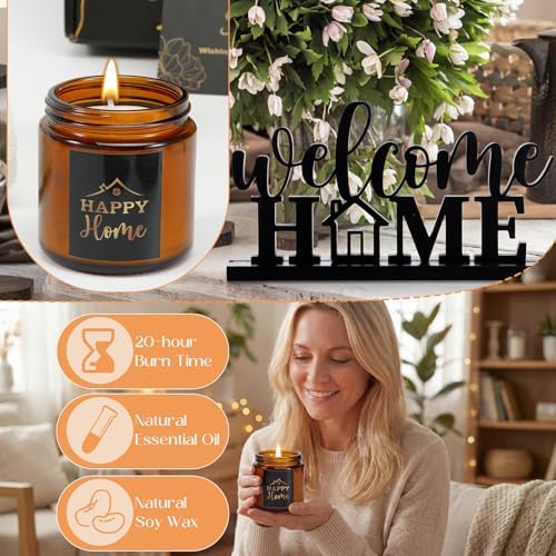 Housewarming Gifts Baskets - Serving Board Towels Bamboo Spoon Honey Stirrer Coaster Candle Set for First Apartment New Home Buyers Closing Gift Homeowner Housewarming Gift (Elegant,Black) - Image 4