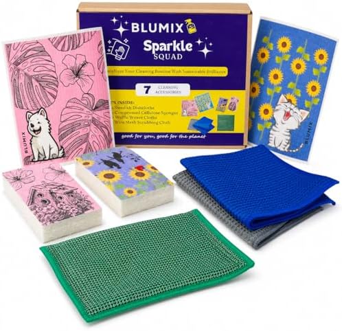 Ultimate Cleaning Kit – 7 Items: 2 Swedish Dishcloths, 2 Compressed Cellulose Sponges, 2 Glass Cleaning Cloths, 1 Mesh Scrubbing Cloth (No Metal) | Low-Waste, Plant-Based Essentials by Blumix