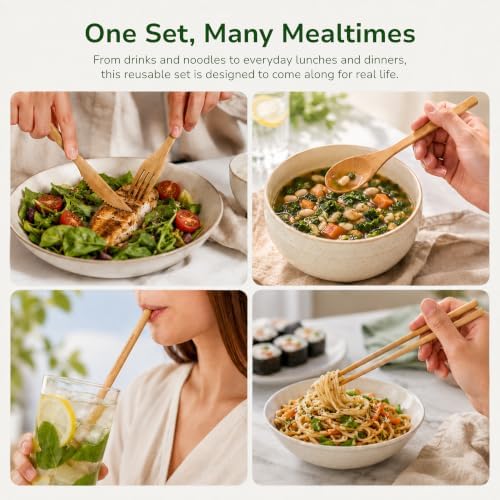Sustainable Tomorrow Bamboo Cutlery Set | Eco-Friendly Reusable Utensils with Canvas Case | Natural Bamboo Fork, Knife, Spoon, Chopsticks, Straw & Cleaning Brush | Plastic-Free Flatware - Image 5