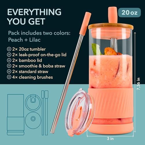 Pandaloo® Glass Cups With Lids and Straws -20 Fl Oz- Perfect Size Iced Coffee Cup - Smoothie Cup With Bamboo Lid and On the go Lid - Glass Tumbler (2 Count (Pack of 1), Peach Fuzz-Lilac Rhapsody) - Image 2