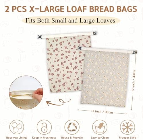 2 Pack Beeswax Bread Bags for Homemade Bread with Zipper, Large 13x17'' Reusable Beeswax Sourdough Bread Storage Bag, Keep Loaves Fresh Longer, Freezer Safe & Airtight, Natural, Zero Waste - Image 2