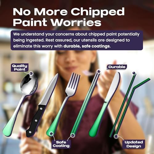 Taplord Portable Travel Silverware Set With Case - Includes 10 Pcs of Utensils, Stainless Steel Flatware For Camping, Easy to Travel, Lightweight (Green Two Tune) - Image 3