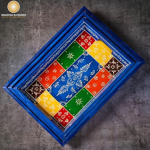 Swadeshi Blessings Hand-Painted Wooden Serving Tray Set of 3, Vintage Blue - Image 3