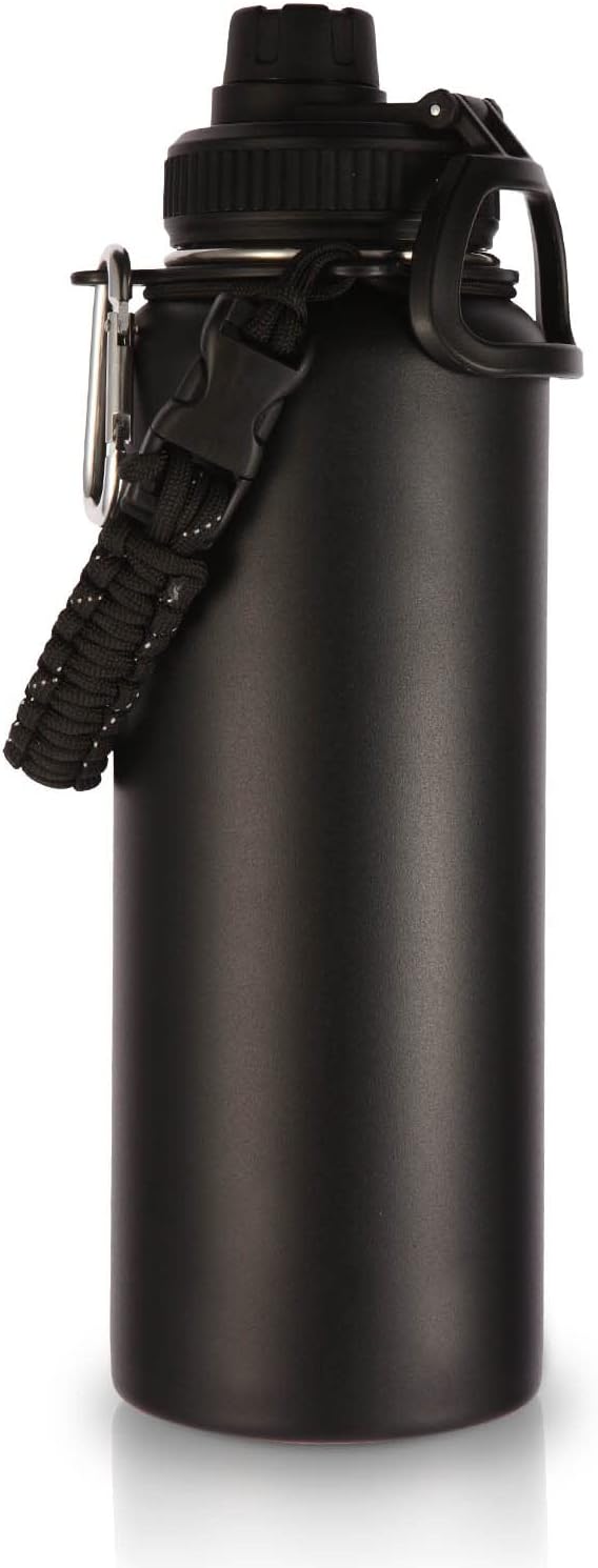 Volhoply 40 oz Insulated Water Bottles Paracord Handle, Stainless Steel Sports Bottle with Spout Lid, Double Walled Travel Water Cups with Wide Mouth, Reusable Water jug for Adults (Black, 1 Set)