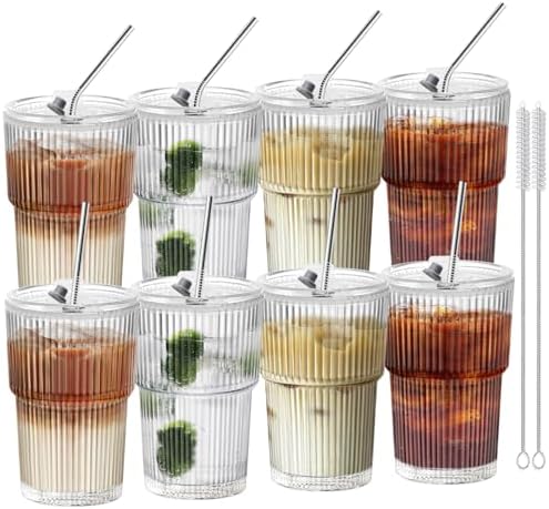 HIGIINC Iced Coffee Cups With Lids and Straws 8 Pcs, 16 OZ Unbreakable Glasses Drinking Set,Clear Plastic Cups Reusable Iced Coffee Tumbler with Lid and Straw, To Go Coffee Cups Dishwasher Safe by HIGIINC