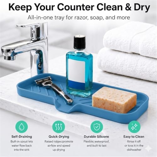MicoYang Silicone Soap Dish with Drain Spout — Self-Draining Double Sink Organizer Tray for Kitchen & Bath, Dispensers, Sponges & Soap Holder, Non-Slip & Dishwasher Safe, Lichen Blue (Large, 12"×4") - Image 6