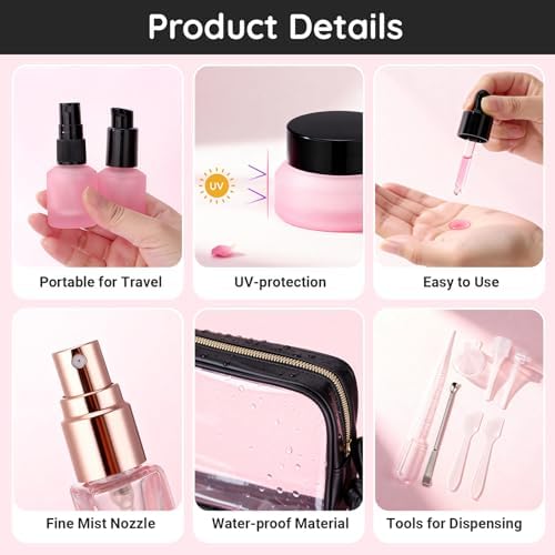 Segbeauty 8pcs Pink Travel Size Containers Set with Clear Toilet Bag, Small Travel Essentials Toiletires Skincare Containers Frosted Glass Spray Lotion Bottles, Dropper Bottle Empty Cream Jar with Lid - Image 2