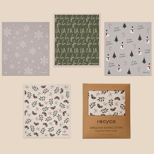 RECYCO 4 Pack Christmas Swedish Dishcloths for Kitchen | Jolly Holiday Washable Dish Towels | Cellulose Reusable Cleaning Paper Towels | Absorbent Counter Dish Cloth Sponge Kitchen Wipes, 7" x 8" by RECYCOHOMECOLLECTION