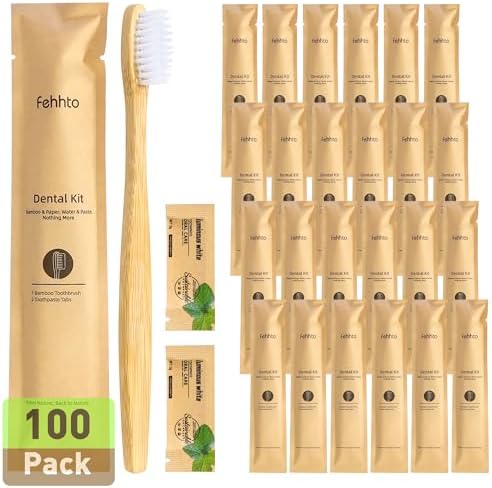 100 Pack Bamboo Toothbrushes with Toothpaste 6g Individually Wrapped by FEHHTOEco-friendlyLiving