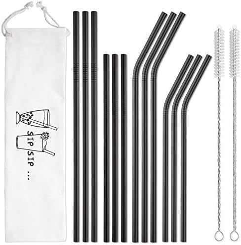 Hiware 12-Pack Black Stainless Steel Straws Reusable with Case - Metal Drinking Straws for 30oz and 20oz Tumblers Dishwasher Safe, 2 Cleaning Brushes Included by HIWARE