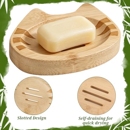 Bamboo Soap Dish Self Draining for Shower - Cute Cat Bamboo Soap Tray Holder Saver with Drainage, Natural Waterproof Decorative Tray for Bathroom, Kitchen, Sponges, Bath Tub, Shower, Sink - 1 Pack - Image 3