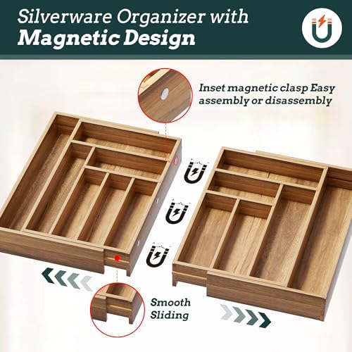Silverware Organizer Large, Magnetic Connected Expandable 13 Slots Silverware Drawer Organizer From 21 to 37.4 Inches, Adjustable Flatware and Cutlery Holder, Bamboo Utensil Tray for Kitchen Acacia - Image 3