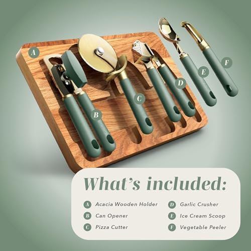 COOK WITH COLOR 6-Piece Kitchen Tool Set with Acacia Wood Cutting Board, Can Opener, Pizza Cutter, Garlic Press, Scoop & Peeler, Sage - Image 2