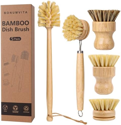 5 Pack Bamboo Dish Brush Set with 14’’ Bottle Brush by BONUMVITA