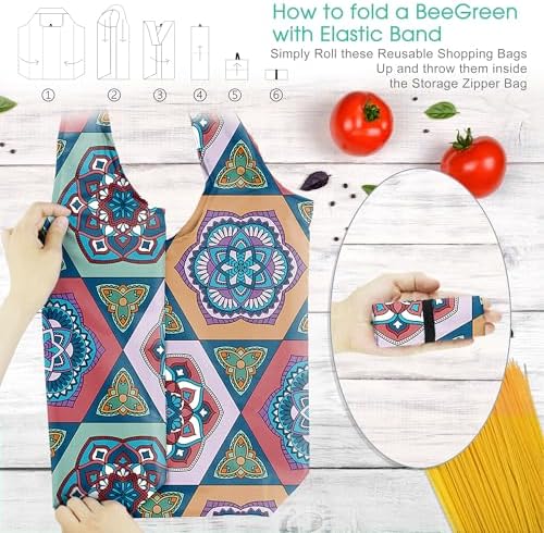 BeeGreen Boho Gifts for Women Geometric Reusable Grocery Bags Mandala Shopping Bags Bulk 6 Pack 50LBS X-Large Foldable-Machine Washable-Heavy Duty Mandana Yoga Gifts - Image 4