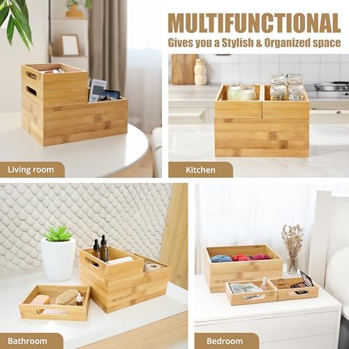 HOMESTEAD 3-Piece Stackable Bamboo Storage Box, Large Storage Bin, Wooden Boxes for Makeup Drawer Organizer Bathroom, Office Supplies, Kitchen Utensils, Bamboo Storage Containers (Medium) - Image 5