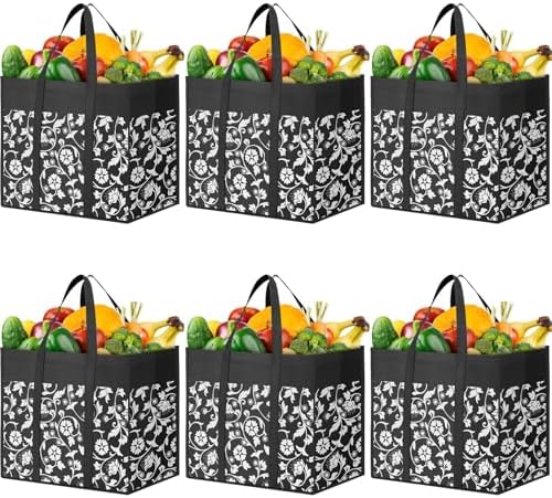 Reusable Grocery Bags Foldable Tote Bags bulk Shopping Bags 6-Pack, Black by WOWBOX
