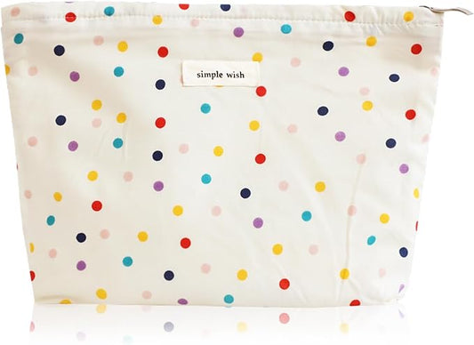 Wudygirl Large Capacity Makeup Bag Travel Cosmetic Bag Cute Makeup Organizer for Women Aesthetic Canvas Makeup Pouch Toiletry Bag Zipper Pencil Pouch (Colorful Dot)