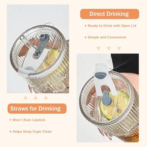 20oz Ribbed Glass Cups with Lids and Straws,4PCS Glass Tumbler with Straw and Lid, Iced Coffee Cups Drinking Glasses for Juice,Smoothies,Cocktail - Image 3