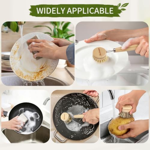 5 PCS Long Handle Bamboo Dish Brush with 2 Natural Dish Sponges - Image 6