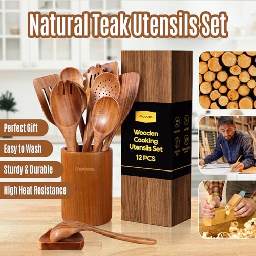 Wooden Spoons for Cooking 12PCS Teak Wooden Kitchen Utensil Set - Image 3