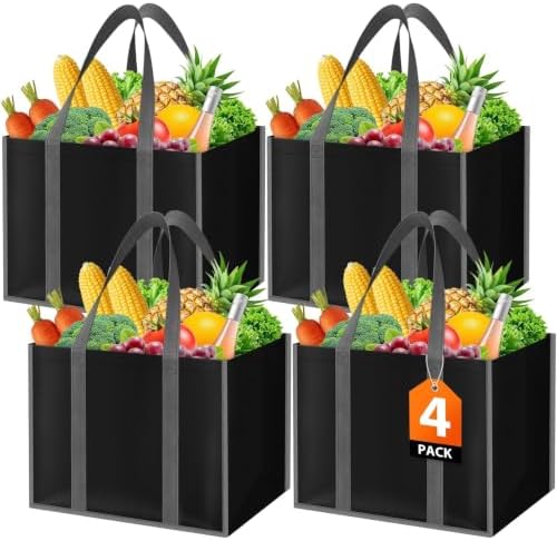 WISELIFE Reusable Grocery Bags, Foldable, Lasting Use, 35L, 4 Pack, Black by WiseLife