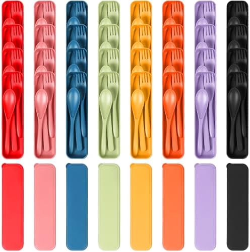 YDYTOP Reusable Travel Utensils Set with Case, 32 Sets Wheat Straw Knife Fork Spoon Cutlery, Multicolor Plastic Silverware for Kids and Adults, School Lunch, Party, Picnic and Camping by YDYTOP