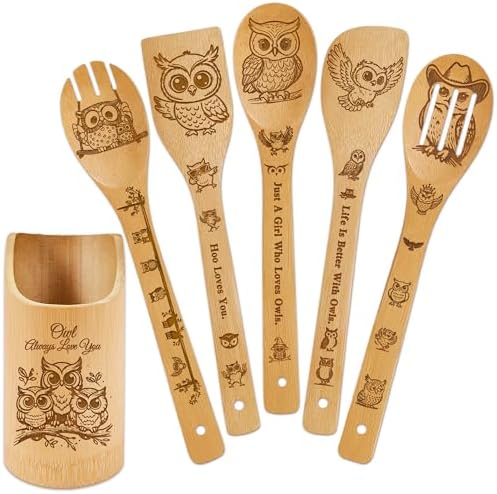 Owl Kitchen Decor Bamboo Wooden Spoons With Utensil Holder,Owl Kitchen Accessories for Cooking-Home Decorations Gifts for Women-Housewarming,Birthday,Mothers Day(6PCS） (Owl) by DudjotcHome