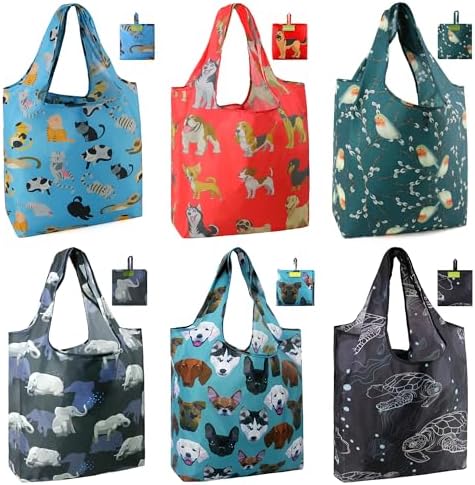 BeeGreen Animal Reusable Shopping Bags Cute Grocery Bag 6 Pack, Christmas Gift Bags Heavy-Duty Foldable Shopping Totes for Supermarket, Work & Travel, Large Washable Polyester Tote Bag with Handles by BeeGreen