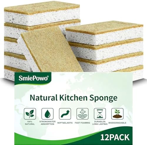 Natural Kitchen Sponge Compostable Kitchen Sponges Cellulose and Coconut Scrubber Abrasive Scrubbing Pads SmilePowo Environmentally Friendly Sponge for Dishes (12 Pack) by SmilePowo