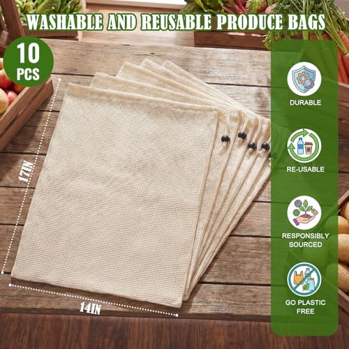 10 Pcs 17 x 14 in Reusable Produce Bags Grocery Washable, Cotton Mesh Produce Bags Plastic Free, Drawstring Closure, Double-stitched Organic Cotton Mesh Grocery Bag for Vegetables Fruit Onions - Image 2