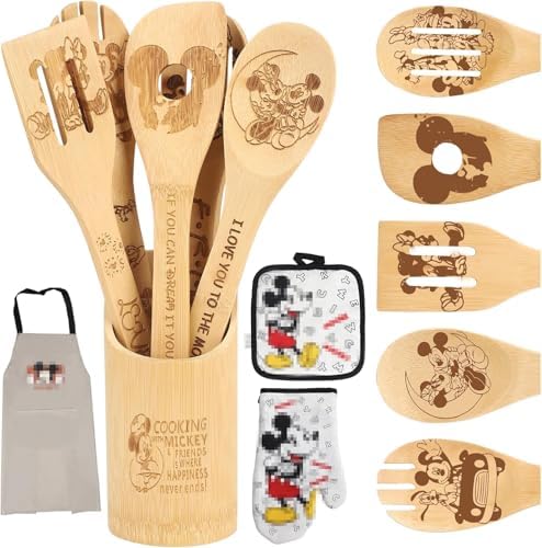 Wooden Spoon for Cooking- Cartoon Wooden Spoons Bamboo Utensils Set Kitchen Decoration- Birthday Gift Kitchen Accessory with Cute Apron Oven Mitt Potholder- Best Kitchen Gifts for Women Friends (Grey) by Deikoliuna