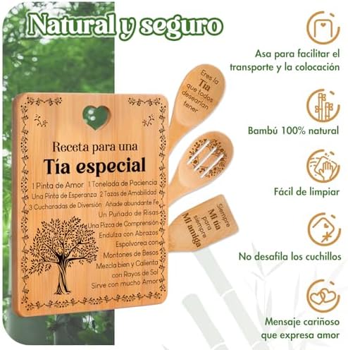 Regalos de cumpleaños para Tía - "Receta para una Tía especial". Juego de tablas de cortar y utensilios de bambú grabados. Regalos de cumpleaños para Tía. Spanish Aunt Cutting Board - Image 6