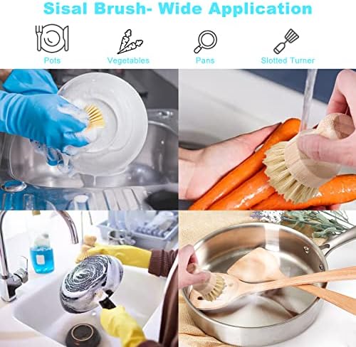 Bamboo Dish Brush Set, 4 Pcs Palm Wooden Dish Scrubber Brush, Dish Brushes, Durable Wood Dishes Scrub Brush, Natural Round Vegetable Cleaning Pots Pans Sink Washing Kitchen Brush by Aisuly - Image 5