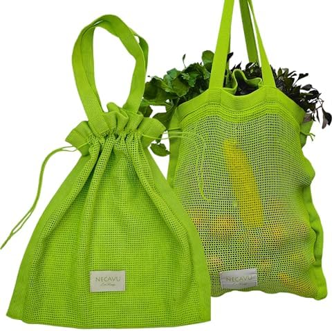 100% Cotton Set Of 2 Mesh Grocery Bag | Eco-Friendly Cotton Market Bags For Vegetable Shopping | Multi-Purpose Portable Cotton Market Bags with Reinforced Edges (Kiwi Green) (Kiwi Green) by NECAVU