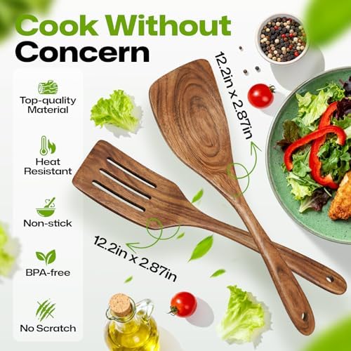 AIUHI 2Pcs Wooden Spatulas, Teak Wood Long Handle Flat Frying Turner, Nonstick Cooking Utensils Spatula for Kitchen - Image 4