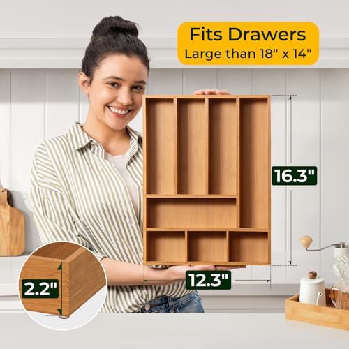Carbonized Bamboo Kitchen Drawer Organizer, 8 Slots Silverware Organizer, Utensil Holder & Cutlery Tray, 2.2" Deep for Extra Capacity, Non-Slip Feet Included - Image 4