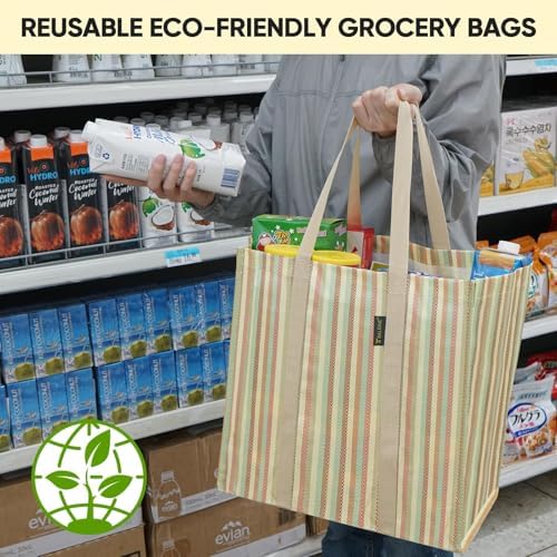BALEINE 4 PK Grocery Bags Reusable Shopping Bags with Reinforced Bottom, Heavy Duty Foldable Tote Bags (Color Strip) - Image 6