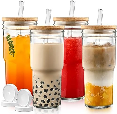 DWTS DANWEITESI Mason Jar with Lid and Straw,24 oz Iced Coffee Cup with Bamboo Lid and Straw,Boba Cups Smoothie Tumbler-Wide Mouth Reusable Glass Cups with Lid and Straws【4 Pack】 710ml by DWTSDANWEITESI