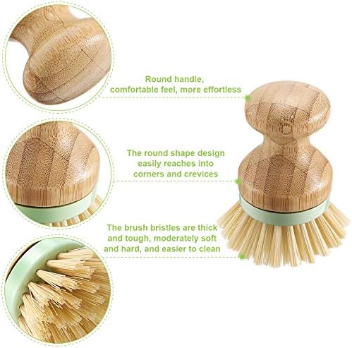 4 Pieces Bamboo Dish Scrub Brush with Holders Wooden Bamboo Round Scrubbers Stiff Bristles Pot Brushes for Wash Dishes, Pots, Pans, Kitchen Iron Pot Pan Sink(Classic Style,Green) - Image 3