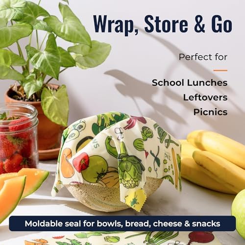 Beeswax Wraps, Reusable Cotton Food Storage Set for Kitchen, Lunch, Bread, Snacks, Bowls. Eco-Friendly Plastic-Free Alternative. 3-Pack Assorted - Veggies by Zero Waste Store - Image 3
