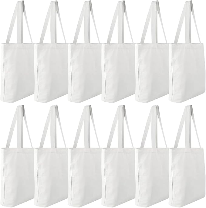 Faylapa 12 Pack Canvas Tote Bags, Heavy Duty Reusable Grocery Shopping Bag 13.6"x 15.3" Blank Cotton Bags for Decorating Christmas Crafts DIY, Painting(White)