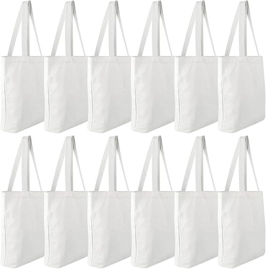 Faylapa 12 Pack Canvas Tote Bags, Heavy Duty Reusable Grocery Shopping Bag 13.6"x 15.3" Blank Cotton Bags for Decorating Christmas Crafts DIY, Painting(White)
