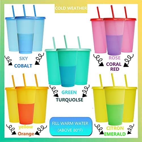 Color Changing Cups, 5 Pack 24oz Plastic Tumblers, Reusable Iced Coffee & Smoothie Cups with Lids and Straws for Parties and Travel (5 Change, 5 Packs) - Image 2